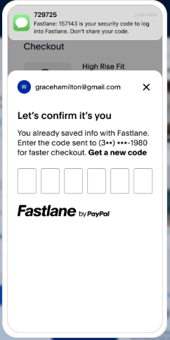 Pop up asking for a confirmation code to confirm the shopper's identity.